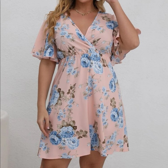 Pink floral print butterfly sleeve A-line dress - Picture 5 of 6
